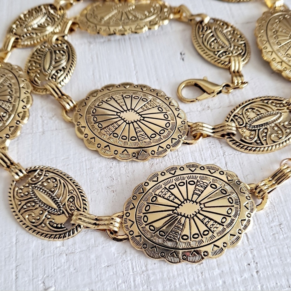 Gold Chain Western Waist Concho Belt Chunky Metal Medallion Boho statement - Picture 15 of 17